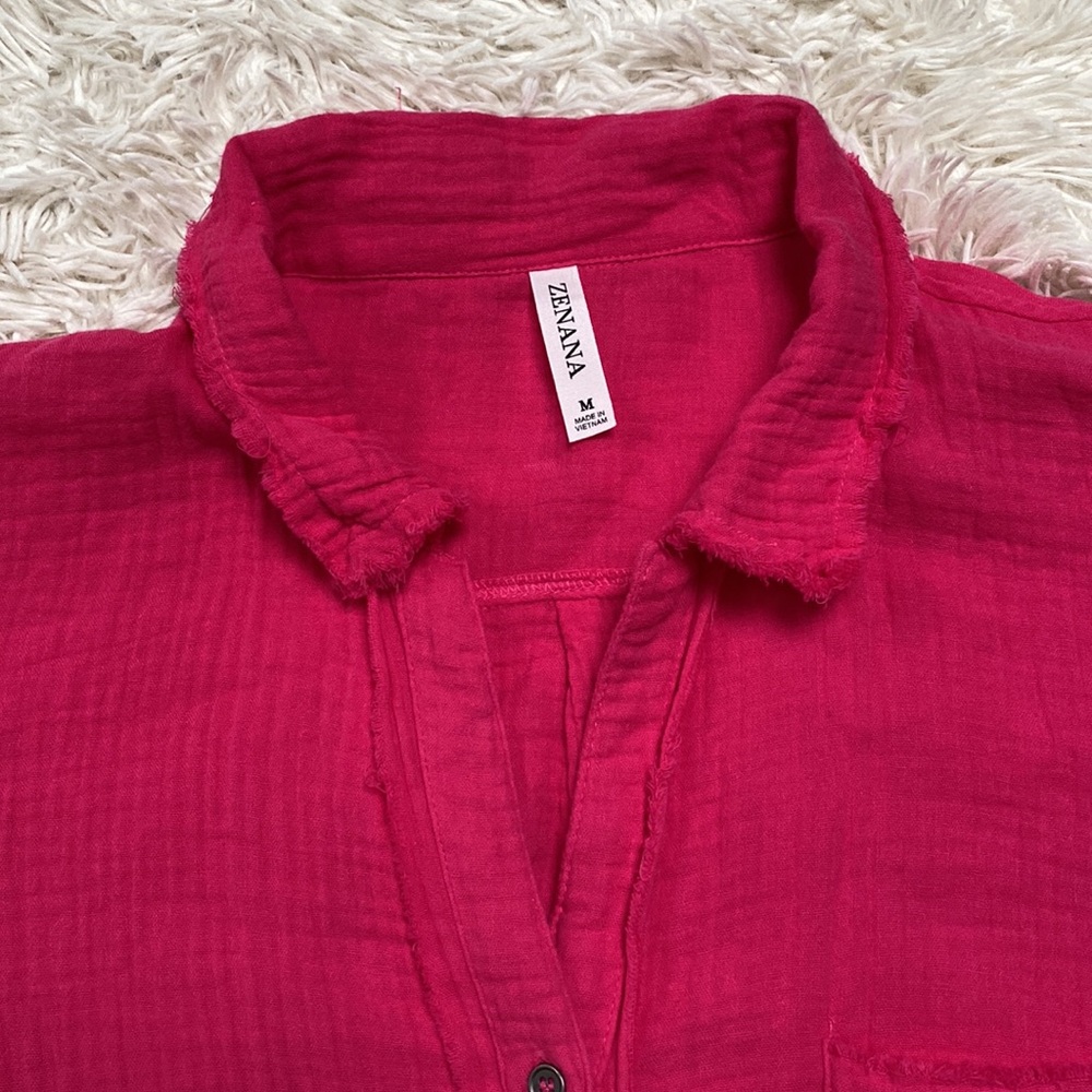 Zenana Button Down Gauze Top 💗 Pink - Picture 5 of 14